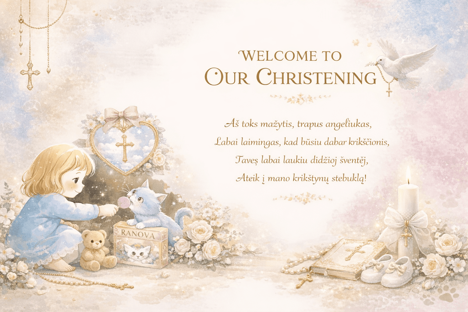 Child with christening toys and poem card