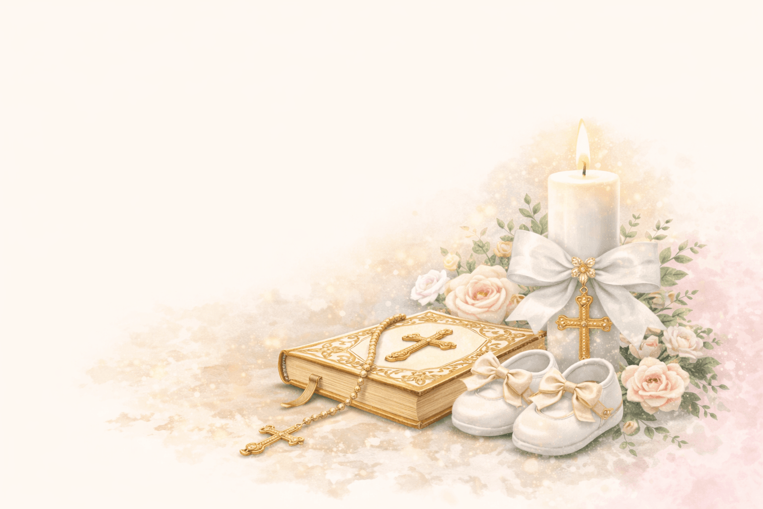 Christening still life with candle and bible